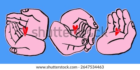 Human hands holding small hearts. Tiny red hearts lying in palms. Hand drawn modern Vector illustration. Isolated design elements. Poster, print, sticker templates. Care, support, love concept