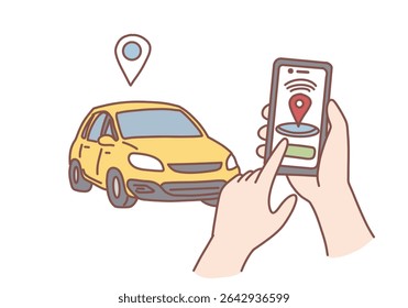 Human hands holding smartphone with application of autonomous wireless parking remote connected car service. Car sharing and online application concept. Hand drawn style vector design illustrations.