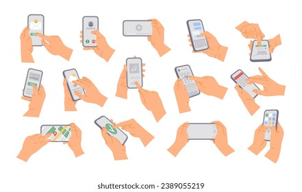 Manos humanas sosteniendo un smartphone. Caricatura de personas usando el teléfono, recibiendo texto, comprando por tarjeta, pulsando el botón, desplazando el teléfono móvil, escuchando música, viendo video, conjunto de vectores. Comprobando el tiempo