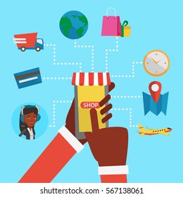 Manos humanas sujetando el smartphone conectados con los íconos de la compra. Concepto de compras en línea, tiendas en línea, comercio electrónico, compras móviles, compras en internet. Ilustración de diseño plana vectorial. Diseño cuadrado.