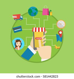Manos humanas sujetando el smartphone conectados con los íconos de la compra. Compras en línea, tiendas en línea, comercio electrónico, concepto de compra móvil. Ilustración de diseño plana vectorial en el círculo aislado en el fondo.