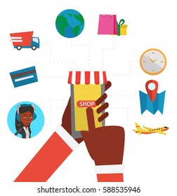 Manos humanas sujetando el smartphone conectados con los íconos de la compra. Mujer haciendo pedidos en línea en la tienda en línea. Concepto de compras en línea. Ilustración de diseño plana vectorial aislada en fondo blanco.