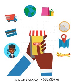 Manos humanas sujetando el smartphone conectados con los íconos de la compra. Hombre haciendo pedidos en línea en la tienda en línea. Concepto de compras en línea. Ilustración de diseño plana vectorial aislada en fondo blanco.