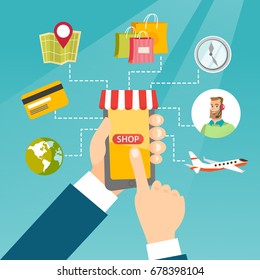 Human hands holding smartphone connected with shopping icons. Concept of online shopping, online store, e-commerce, mobile shopping, buying on internet. Vector cartoon illustration. Square layout.