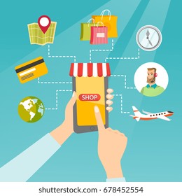 Manos humanas sujetando el smartphone conectados con los íconos de la compra. Concepto de compras en línea, tiendas en línea, comercio electrónico, compras móviles, compras en internet. Ilustración de dibujos animados. Diseño cuadrado.
