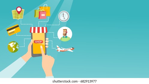 Manos humanas sujetando el smartphone conectados con los íconos de la compra. Concepto de compras en línea, tiendas en línea, comercio electrónico, compras móviles, compras en internet. Ilustración de dibujos animados. Diseño horizontal.