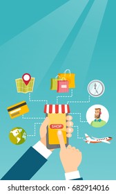 Human hands holding smartphone connected with shopping icons. Concept of online shopping, online store, e-commerce, mobile shopping, buying on internet. Vector cartoon illustration. Vertical layout.