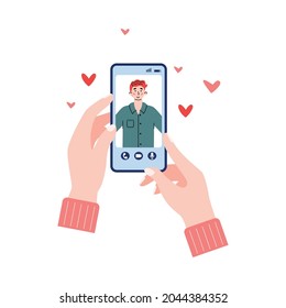 Human hands holding smartphone with dating chat app on screen, cartoon vector illustration isolated on white background. Online communication and distance relationships.