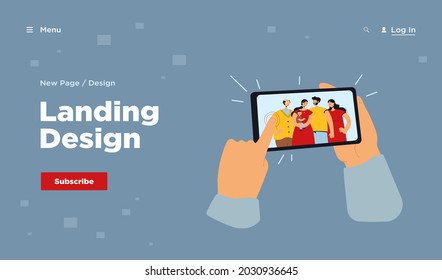 Human Hands Holding Smartphone With Family Selfie Isolated Flat Vector Illustration. Cartoon Photo Of Mom, Dad, Grandparents And Kid Making Dinner In Aprons. Memories And Smart Technologies Concept