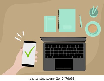 Human Hands Holding Smartphone and finishing the job. Character received Check Marks on smartphone. Giving Five Star Feedback and Review. User Experience Concept. Flat Cartoon Illustration.