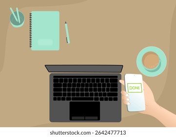 Human Hands Holding Smartphone and finishing the job. Character receiving notice on smartphone. Giving Five Star Feedback and Review. User Experience Concept. Flat Cartoon Illustration.