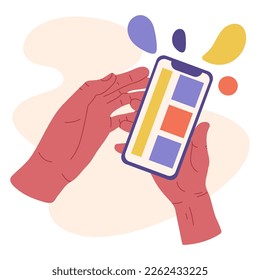 Manos humanas sosteniendo un smartphone. Aparato móvil en las manos, pantalla de teléfono con pulsación a mano ilustración vectorial plana en fondo blanco