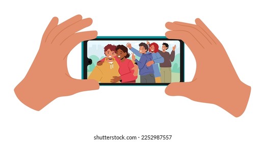 Manos humanas sosteniendo Smartphone con imágenes de la empresa de personajes adolescentes felices posando para fotografía. Concepto de selfie, amistad y foto de memoria. Ilustración de vectores de personas de caricatura