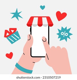 Human hands are holding a smartphone. Purchase in an online store. Sale, discounts, screen. the finger clicks