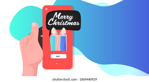 human hands holding smartphone shopper buying online in mobile app new year sale concept horizontal vector illustration