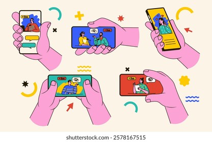 Human hands holding smartphone with talk show online live broadcasting on digital screen isolated set. People using multimedia mobile phone application to watch video on internet vector illustration