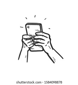 Human hands holding smartphone. Using mobile service concept. Hand drawn sketch style. Online sale, order online. Vector illustration.