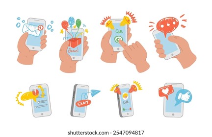 Human hands holding smartphone using mobile application for communication, shopping hand drawn doodle set. Sending message, getting email, bonus prize or notification, calling, chatting social network