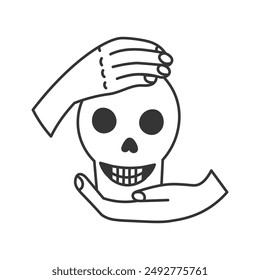 Human Hands Holding Smiling Skull Doodle. Skeleton cranium. Horror Creepy Symbol. Halloweeen icon. Isolated vector illustration. Line art.