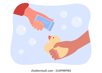 Human hands holding soap with bubbles and bath duck. Personal daily hygiene for person in bathroom flat vector illustration. Skin care, habit concept for banner, website design or landing web page