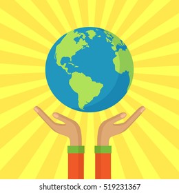 Human hands holding soaring globe.Save the planet concept. Flat style vector isolated illustration. Save the Earth ecology.