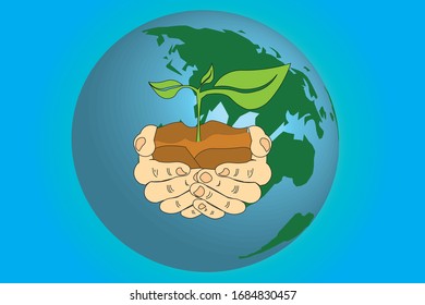 Human hands holding soil and green small plant life concept. Ecology concept. think green. Planet eart background and the sky