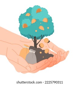 Las manos humanas sostienen suelo con un árbol de dinero en crecimiento con vectores colgantes de monedas de oro