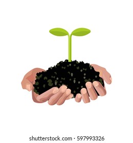 Human hands holding soil with sprout