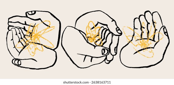 Human hands holding something. Abstract doodle sketchy shape lying in palms. Hand drawn modern Vector illustration. Isolated design elements. Poster, print, sticker templates. Care, support concept