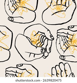 Human hands holding something. Abstract doodle sketchy shape lying in palms. Hand drawn modern Vector illustration. Care, support concept. Square seamless Pattern, background, wallpaper