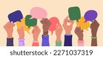 Human hands holding speech bubbles, people exchange ideas. Team cooperation and communication. Hand drawn vector vector illustration isolated on light background. Modern flat cartoon style.