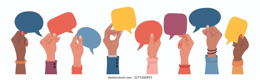 Human hands holding speech bubbles, people exchange ideas. Team cooperation and communication. Hand drawn vector vector illustration isolated on white background. Modern flat cartoon style.