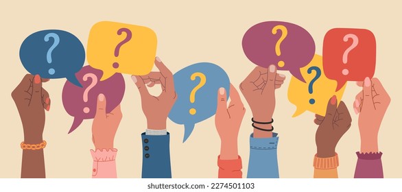 Human hands holding speech bubbles with questions marks. FAQ and questions concept. Hand drawn vector vector illustration isolated on light background. Modern flat cartoon style.