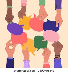 Human hands holding speech bubbles, people exchange ideas. Team cooperation and communication concept. Hand drawn color vector illustration isolated on light background. Modern flat cartoon style.