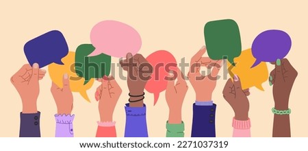 Human hands holding speech bubbles, people exchange ideas. Team cooperation and communication. Hand drawn vector vector illustration isolated on light background. Modern flat cartoon style.