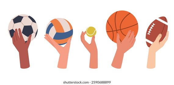 Human hands holding sports balls. Football, volleyball and tennis ball. Rugby and basketball. Competition and championship symbol, games equipment. Cartoon flat isolated vector concept