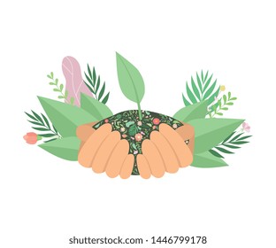 Human Hands Holding Sprout, Environmental Protection, Ecology Vector Illustration
