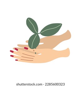 Manos humanas sosteniendo brotes. Saltos de primavera. El concepto de jardinería en el hogar y cuidado de plantas. Salvemos a la naturaleza. Ilustración vectorial dibujada a mano de estilo plano.
