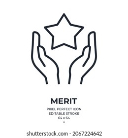 Human hands holding a star. Core values or merit concept editable stroke outline icon isolated on white background flat vector illustration. Pixel perfect. 64 x 64.