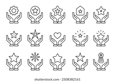 Manos humanas sosteniendo una estrella. Valores de núcleo o concepto de mérito conjunto de iconos relacionados aislados sobre fondo blanco Ilustración vectorial plana.