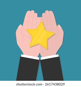 Human hands holding star shape. Person award sign. Service quality. Customer rating, feedback. Top rating. Award winner. Top view. flat vector illustration