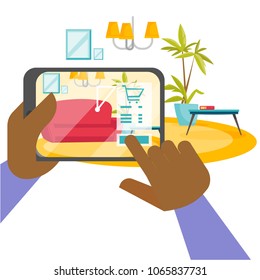 Human hands holding tablet with augmented reality application that lets place virtual furniture to real home before buying. Vector cartoon illustration isolated on white background. Square layout.