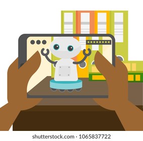 Human hands holding tablet computer with augmented reality mobile game on screen. Concept of augmented reality application. Vector cartoon illustration isolated on white background. Square layout.