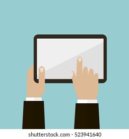 Human hands holding the tablet. Flat design concept