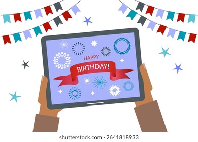 Human hands holding a tablet  with a Happy birthday words on the screen.  Gratitude card, Vector online actoins concept. Using the Internet for various purposes. 