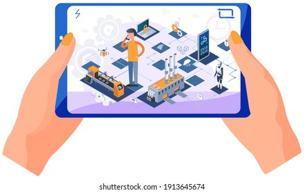 Human hands holding tablet with industry automation production line one-stop production, internet of things. Male engineer controls manufacturing equipment using digital devices 4ir revolution AI, IoT