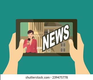 human hands holding the tablet man watching a report that leads woman journalist