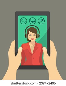 human hands holding the tablet on the tablet companion carrying on a conversation and a number of speech Buble