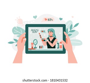 Human hands holding tablet with online fashion cosmetic blogger tutorial, flat cartoon vector illustration isolated on white background. Video record from beauty vlogger.
