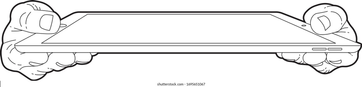 Human hands holding tablet pc computer. Line design. Front, side view, Vector illustration isolated on white background